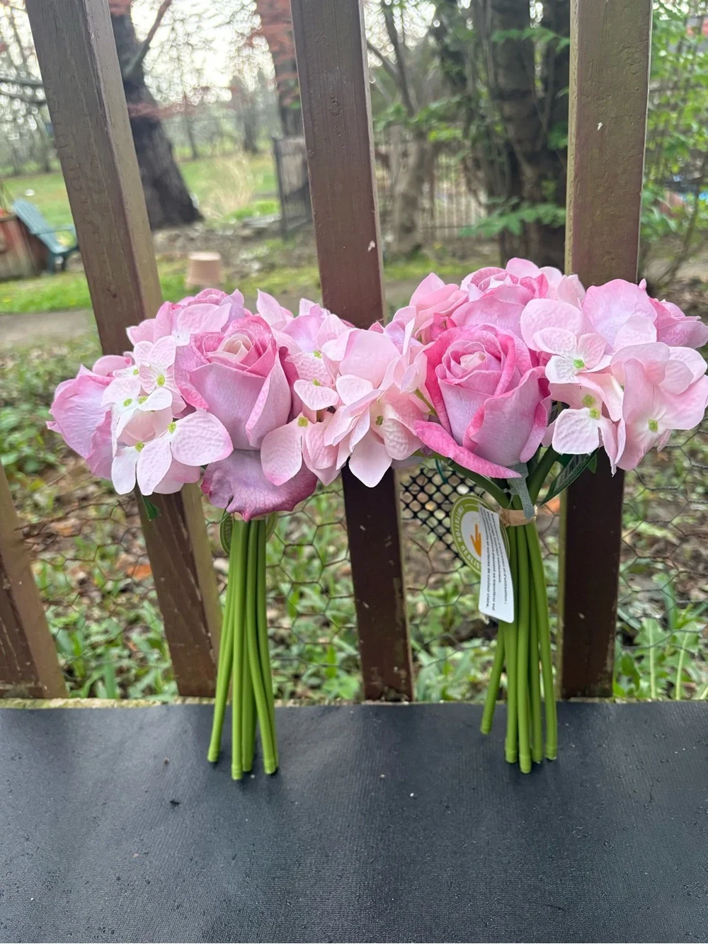 Pink Rose & Hydrangea Artificial faux Flower 2 Bouquet real touch latex 11” new